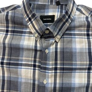 Todd‎ Shelton Men’s Short Sleeve Button Down Shirt Size XL Plaid Blue/Tan/Gray